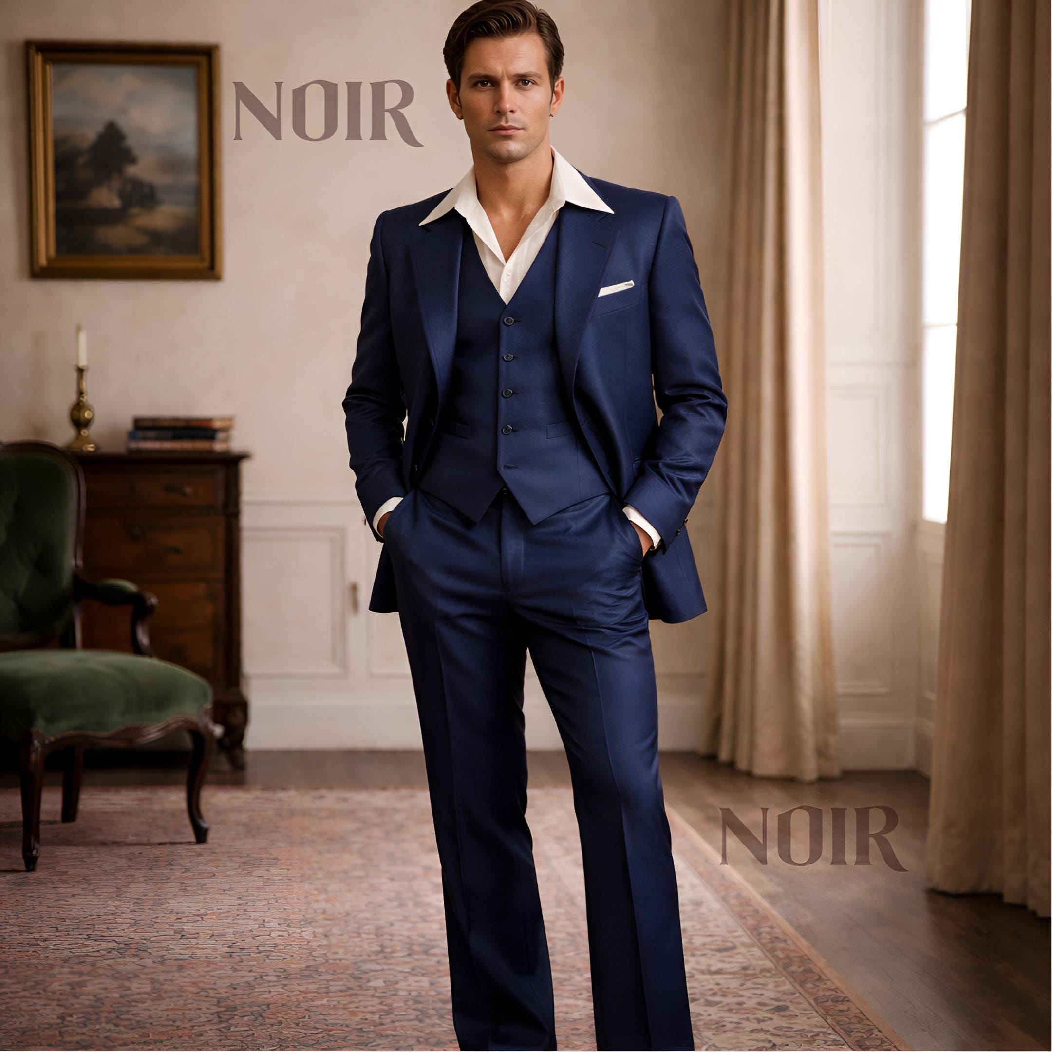 Navy Blue 70s Suit Men Trauanzug Blau Costume Homme Bleu Nuit