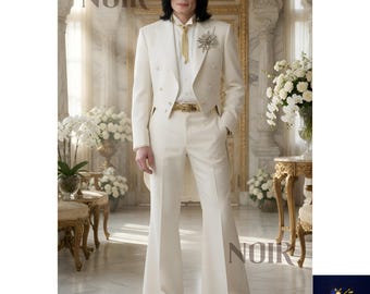 White Tailcoat Suit Men Michael Jackson Suit Herrenanzug Weiß Costume Homme Flared Pants Stage Outfit Vintage Groom Custom Tailored
