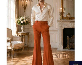 Camisa color marfil y pantalones acampanados color óxido para hombre, conjunto de 2 piezas, pantalones de cintura alta, estilo vintage de los años 70, estilo retro boho, ropa de novio a medida.