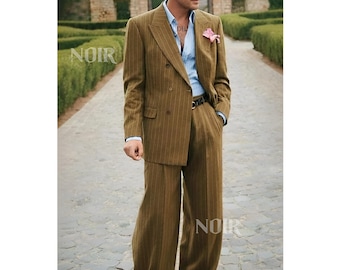 Traje de hombre de raya diplomática marrón / Traje de novio vintage para boda Trauanzug Herren Costume Homme Elegant Menswear