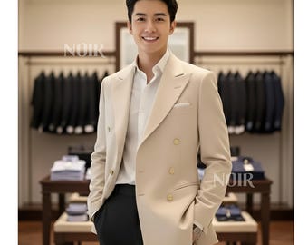 Beige Double Breasted Men Suit Trauanzug Herren Costume Homme Elegant Groom Outfit Modern Formal Menswear