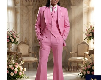 Pink Suit Men 3 Piece Michael Jackson Suit Herrenanzug Rosa Costume Homme Rose Flared Pants Stage Outfit Vintage Groom Custom Tailored