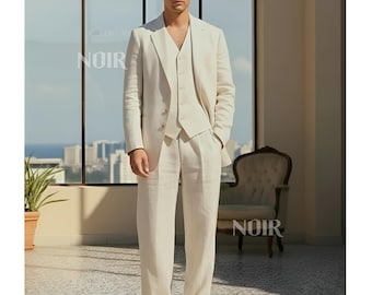 Ivory Pure Linen Men’s Suit | 3-Piece Vest Wedding Suit Summer Groom Linen Menswear Elegant