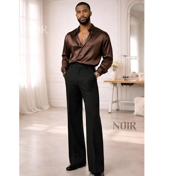 Chocolate Brown Satin Men's Shirt | Luxury Silk Style Shirt Elegant Evening Wear Modern Gentleman ou