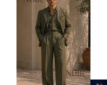 Dark Olive Linen Suit Men Double Breasted Leinenanzug Herren Grün Costume Homme Lin Pleated Wide Leg Pants Summer Wedding Groom Custom suit