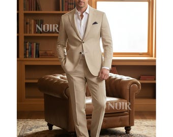 Beige Pure Linen Men’s Suit | Groom Wedding Suit Elegant Costume Homme Formal Menswear Linen Anzug