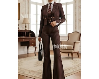 Brown Pinstripe Women’s Suit | Power Business Pantsuit Costume Femme Elegant Office Womenswear