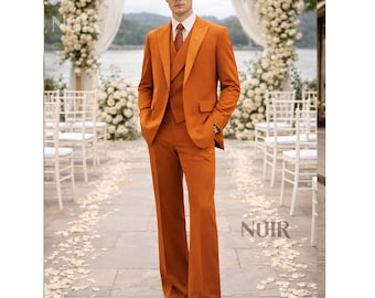 Traje de hombre inspirado en los años 70 en color naranja quemado. Traje de hombre elegante, retro, para boda, formal, vintage, para hombre.