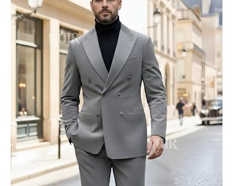 Grey Double Breasted Mens Suit Trauanzug Herren Costume Homme Elegant Groom Outfit Evening Formal Luxury Wedding Style