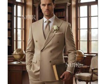 Beige Pure Linen Men’s Suit | Groom Wedding Suit 3-Piece Costume Homme Elegant Linen Menswear