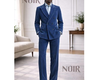 Blue Corduroy Suit Men Double Breasted Trauanzug Cord Blau Costume Velours Côtelé Wide Leg Pants 70s Vintage Retro Groom Wedding Prom