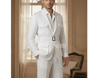 White Pure Linen Men’s Suit | Summer Groom Wedding Suit Linen Belted Jacket Pants Elegant Menswear