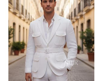 Vit herrkostym i linne | Brudgummens bröllopskostym sommarlinne kostym homme elegant formell herrkläder