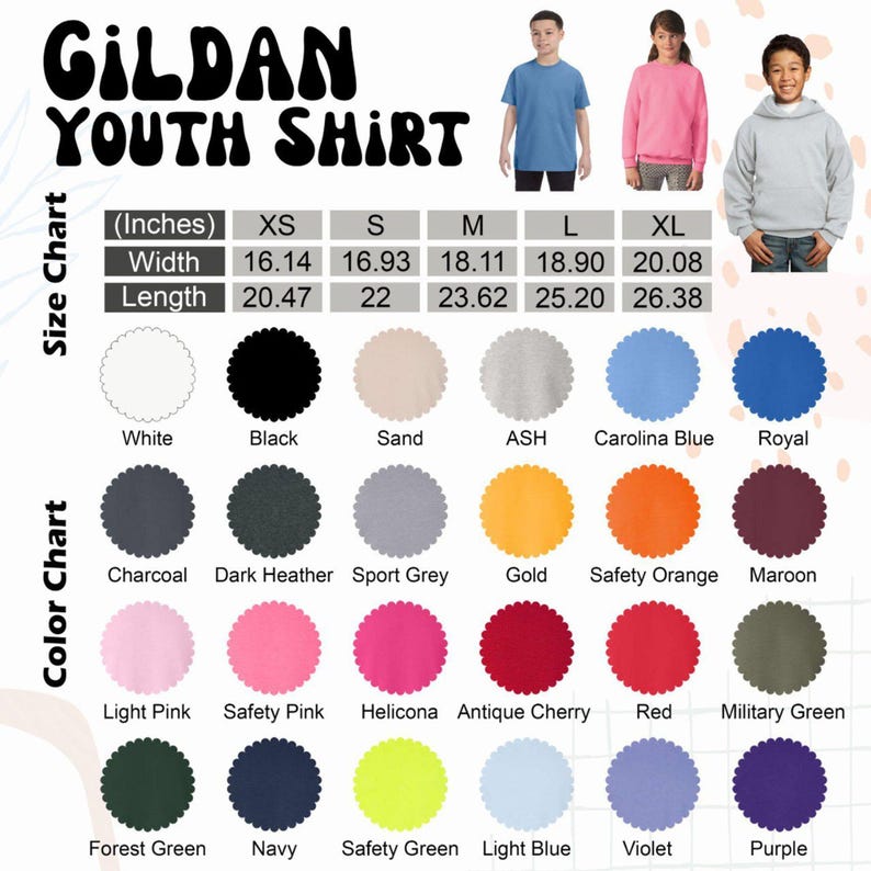 May include: A Gildan Youth Shirt size chart displaying width and length measurements in inches from XS to XL. The chart includes a color palette of 24 circular swatches labeled with names like White, Black, Sand, Ash, Carolina Blue, Royal, and others.