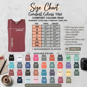 May include: A size chart for a Comfort Colors 9360 garment-dyed heavyweight tank top. The chart displays chest and length measurements in inches for sizes XS to 3XL. It lists 100% ring-spun cotton fabric, a relaxed fit, and available colors.