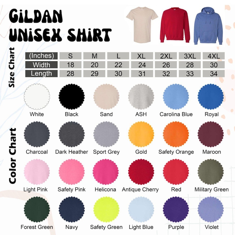 May include: A Gildan unisex shirt size chart and color chart displaying width and length measurements in inches for sizes S through 4XL. The image includes a beige t-shirt, a red sweatshirt, and a blue hoodie, alongside 24 circular color swatches.