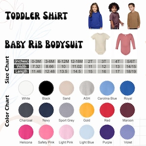 May include: A product display featuring a toddler shirt and baby rib bodysuit with a size chart in inches and a color chart showing 18 circular swatches including white, black, sand, ash, blue, royal, charcoal, navy, grey, gold, red, maroon, pink, and purple.