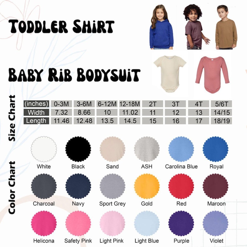 May include: A product display featuring a toddler shirt and baby rib bodysuit with a size chart in inches and a color chart showing 18 circular swatches including white, black, sand, ash, blue, royal, charcoal, navy, grey, gold, red, maroon, pink, and purple.