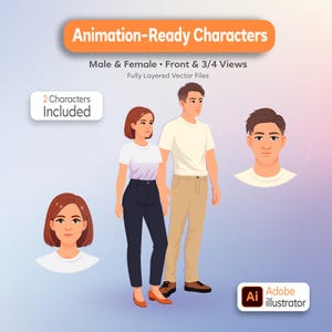 May include: Illustration of animation-ready characters, including a man and woman in front and 3/4 views. The image includes two characters and is fully layered vector files. The text on the image says "Animation-Ready Characters".