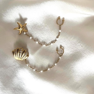 Boucles d'oreilles étoile de mer doré et earcuff avec chaine perlée en acier inoxydable