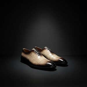 May include: A pair of brown and tan leather dress shoes with a textured, crocodile-like pattern. The shoes have black laces and a dark brown toe. The background is black.