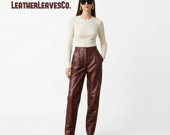 Handmade High Waisted Straight Leg Leather Pants Minimalist Luxury Trousers Genuine Leather Bottom