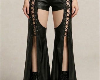 Women's Black Leather Lace-Up Cutout Chaps Gothic Festival Flare Pants Gothic Style Punk Trousers