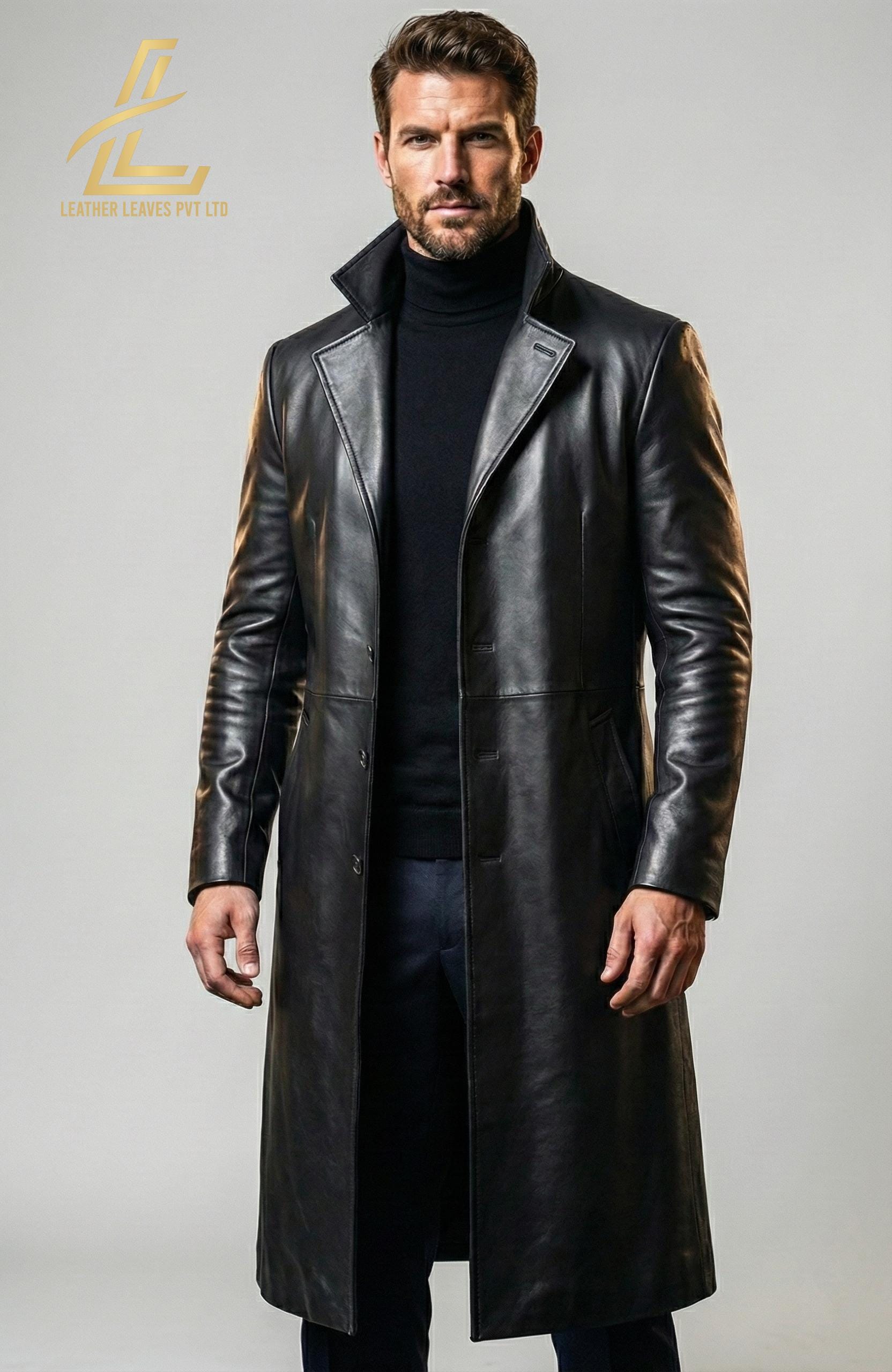 Buy Handmade Mens Long Black Leather Jacket Genuine Leather Trench