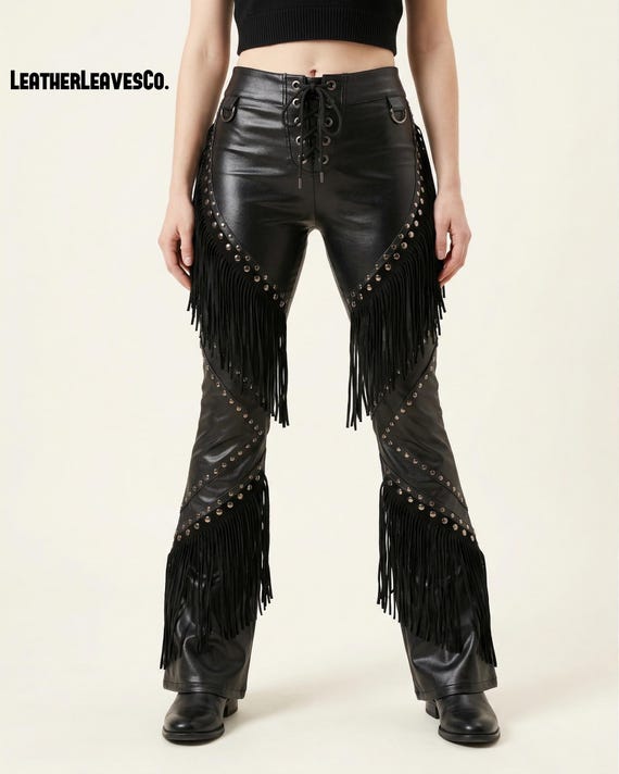 Black Leather Fringe Pants Women High Waist Studded Lace Up Festival Western Biker Outfit