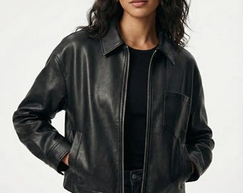 Black Genuine Leather Cropped Jacket: Minimalist Biker Coat for Women