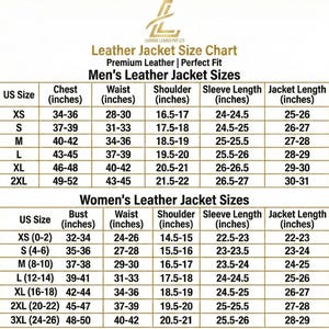 May include: Leather jacket size chart with measurements in inches for men's and women's sizes. Includes chest, waist, shoulder, sleeve length, and jacket length measurements for sizes XS to 3XL. The chart is labeled "Leather Leaves Pvt Ltd."