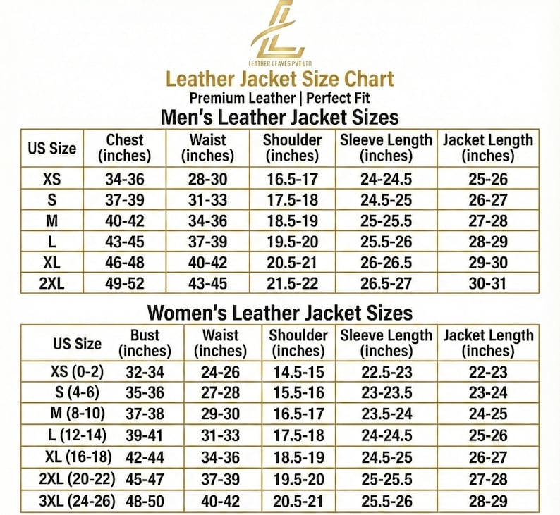 May include: Leather jacket size chart with measurements in inches for men's and women's sizes. Includes chest, waist, shoulder, sleeve length, and jacket length measurements for sizes XS to 3XL. The chart is labeled "Leather Leaves Pvt Ltd."