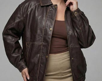 Womens Leather Bomber Jacket Vintage Style Oversized Hide Coat Jaxton Faux Leather Blazer