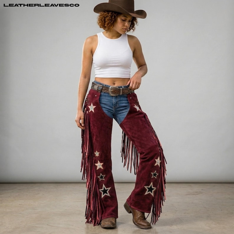 Burgundy Suede Chaps With Fringe and Stars – Western Cowgirl Festival ...