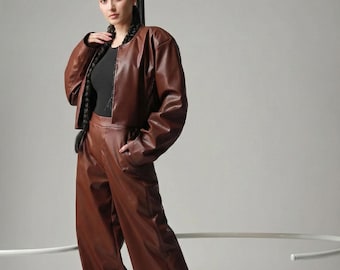 Wide Leg Leather Pants for Women High Waist Leather Trousers Genuine hide Streetwear Gift