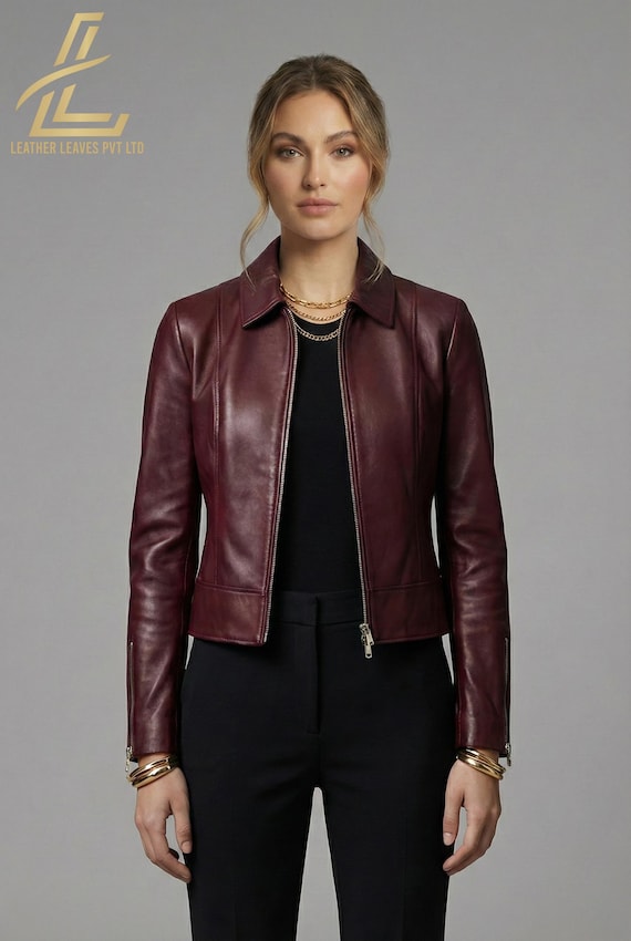 Womens Leather Jacket Short Cowhide Cropped Coat High Waist Bomber Jacket for Women