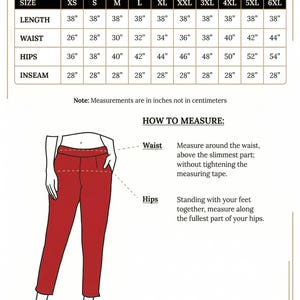 May include: A pants measurement chart showing sizes XS to 6XL, with measurements in inches for length, waist, hips, and inseam. The image also includes a diagram explaining how to measure the waist and hips.