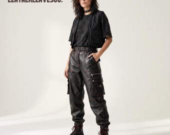 Women's Black Leather Cargo Pants High Waist Gothic Streetwear Jogger Utility Biker Trouser Gift