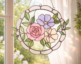 Rose Flower Suncatcher Stained Glass Floral Window Hanging Decor