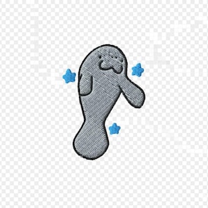 May include: Embroidered patch featuring a gray manatee with a black outline and three blue star accents. The manatee has a smiling expression and a textured appearance, suitable for application on clothing or accessories.