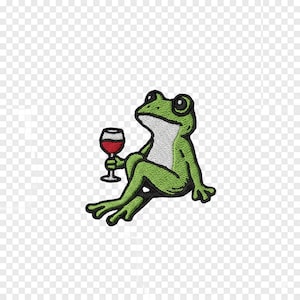 May include: Embroidered patch of a green frog with a white belly, holding a glass of red wine. The frog has large black eyes and is in a seated position. The patch is made with detailed stitching.