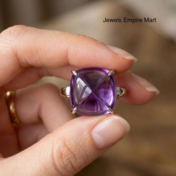Amethyst Sugar Loaf Ring in 925 Sterling Silver, Cushion Cut Purple Amethyst Solitaire Ring, Minimalist February Birthstone Statement Ring