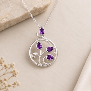 Natural Amethyst Pendant Necklace, Sterling Silver Purple Gemstone Necklace, Tree of Life Pendant, February Birthstone Jewelry, Gift for Her