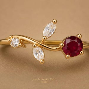 Gold Plated Ruby Leaf Ring for Women | Adjustable Ruby & White CZ Vine Ring | Nature Inspired Statement Jewelry | Gift for Her