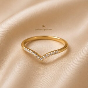 Gold Plated Chevron Ring, Cubic Zirconia V Shape Ring, Dainty Stacking Ring, Minimalist Gold Wedding Band, Promise Ring