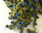 Vintage Pom Pom Trim Green Blue Retro Yarn Trim 16 yards 1960s 1970s