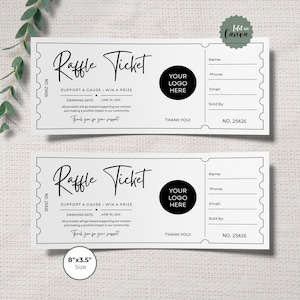 May include: Two white raffle tickets measuring 8 inches by 3.5 inches with black text. Each ticket features the words Raffle Ticket, a space for a logo, and fields for name, phone, email, and sold by. The text includes drawing date June 30, 2025.
