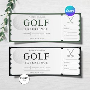 May include: Two rectangular golf experience gift vouchers measuring 8 inches by 3.25 inches. One features a dark green border, the other a black border. Both display a golf ball, crossed clubs, and fields for event date, course, and message.