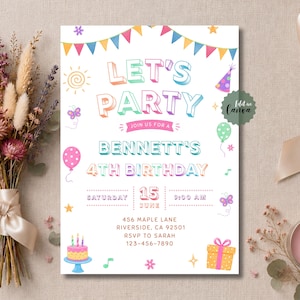 Colorful 4th Birthday Invitation, Pastel Rainbow Kids Party Invite, Editable Canva Template, Bright Celebration Printable Download
