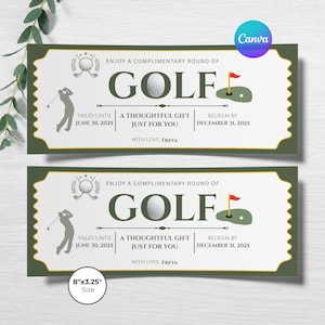 May include: Two rectangular golf gift vouchers measuring 8 inches by 3.25 inches. The white tickets feature dark green borders, the text ENJOY A COMPLIMENTARY ROUND OF GOLF, a golfer silhouette, a golf ball icon, and a green with a red flag.